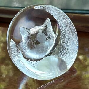 Vintage Clear Glass Cat Face Paperweight, Frosted Intaglio Kitty